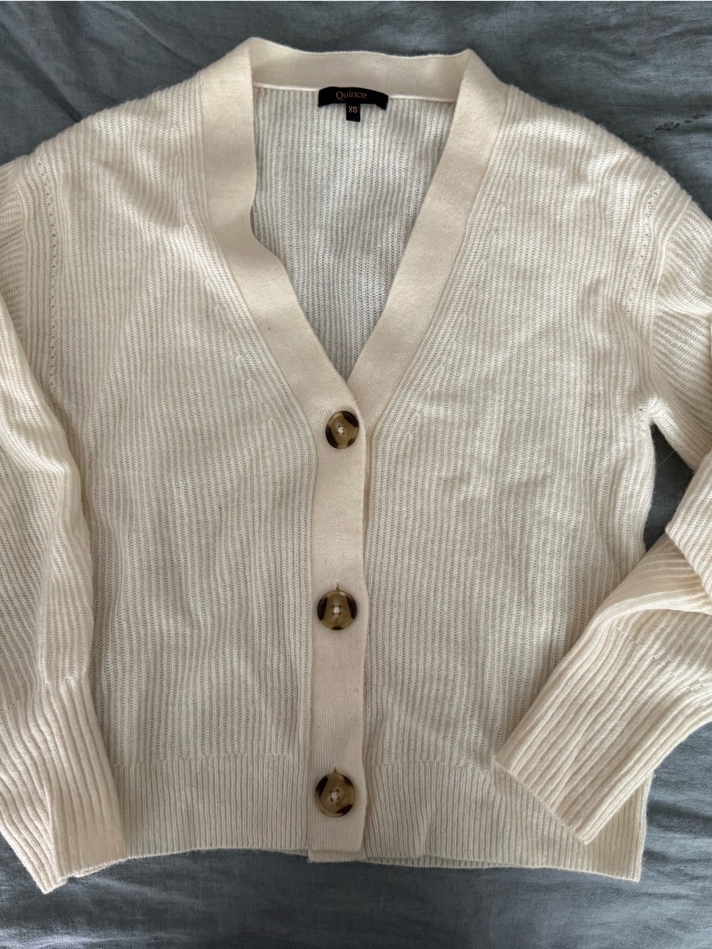 Quince Cream Ribbed V-Neck Button Cardigan - Picture 5 of 5